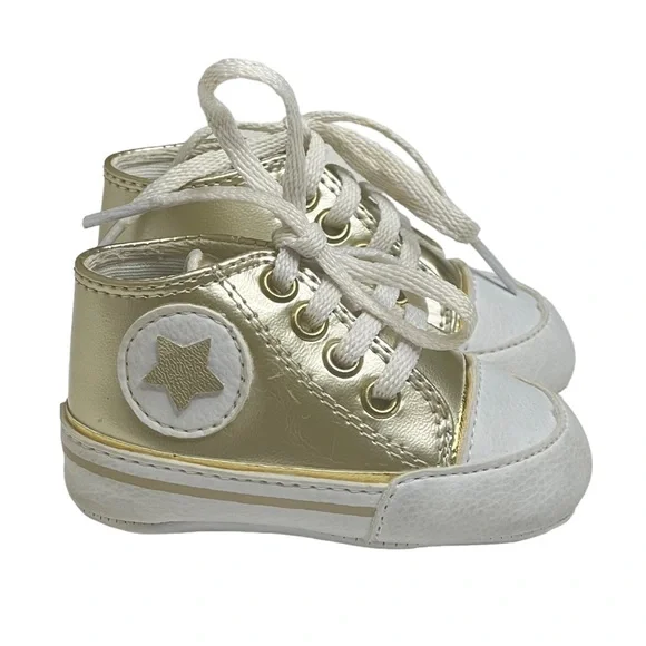new Bento Bebe De Grife ★ Gold Star Newborn Baby Booties Sneaker ★ Metallic Gold - Picture 15 of 16